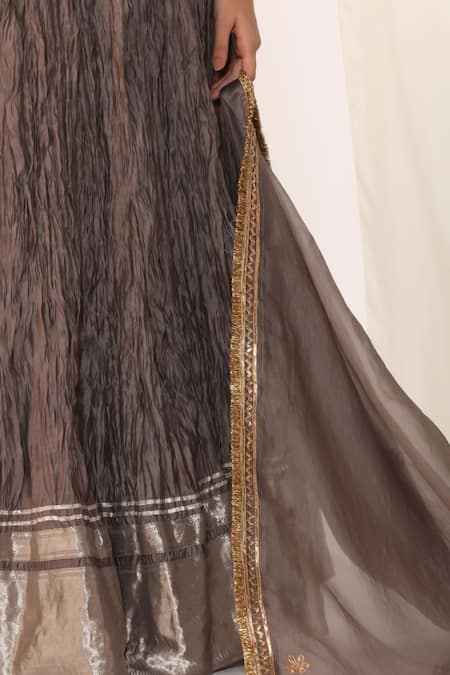 Buy_Myoho_Gray Chanderi, Brocade V-neck Grey Fusion Lehenga Set With Waistcoat And Dupatta _Online_at_Aza_Fashions