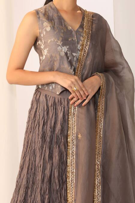 Shop_Myoho_Gray Chanderi, Brocade V-neck Grey Fusion Lehenga Set With Waistcoat And Dupatta _Online_at_Aza_Fashions