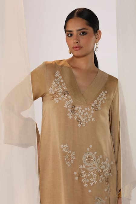 Myoho Beige Hand Embroidered Kurta Set 