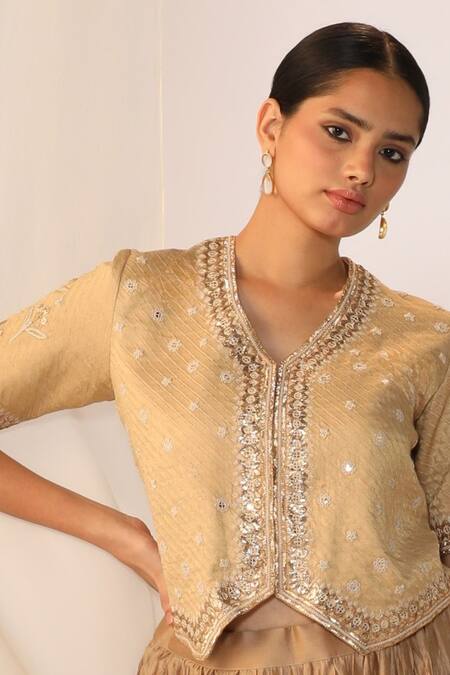 Myoho_Beige Tussar V-neck Silk Fusion Lehenga Set _Online_at_Aza_Fashions