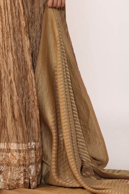 Myoho_Beige Tussar V-neck Silk Fusion Lehenga Set _at_Aza_Fashions