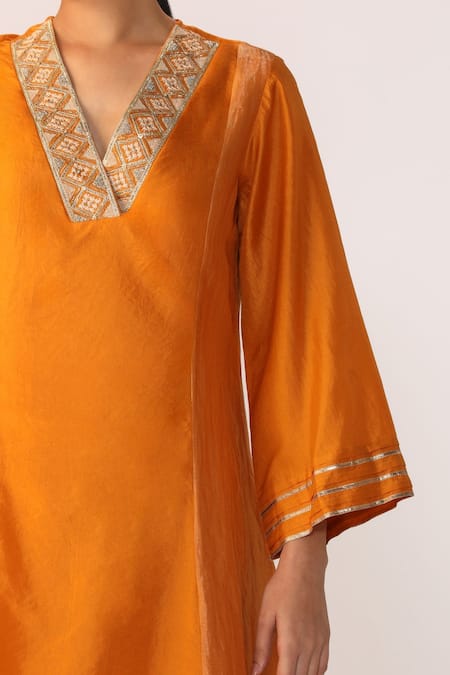 Buy_Myoho_Orange Silk, Chanderi Embroidery V-neck Hand Kurta Set _Online_at_Aza_Fashions