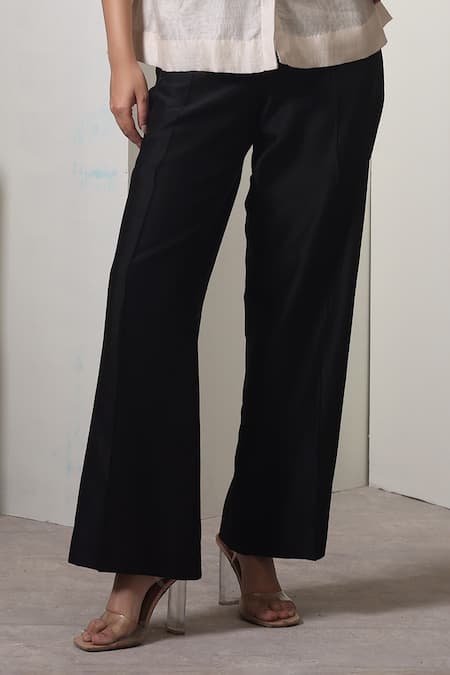 Chokhi Chorri_Ivory Chanderi Silk Embroidery Collared Shirt And Black Pants Set _Online_at_Aza_Fashions