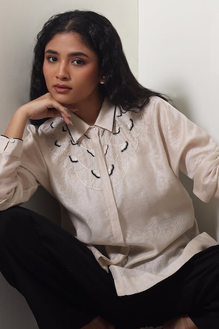 Shop_Chokhi Chorri_Ivory Chanderi Silk Embroidery Collared Shirt And Black Pants Set _Online_at_Aza_Fashions