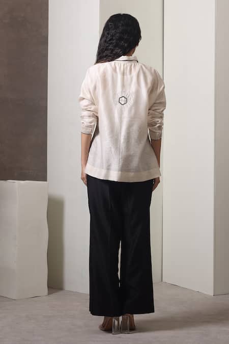 Shop_Chokhi Chorri_Ivory Chanderi Silk Embroidery Collared Shirt And Black Pants Set _at_Aza_Fashions