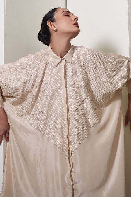 Chokhi Chorri_Beige Silk Beads Collared High-low Handwoven Shirt Dress _Online_at_Aza_Fashions