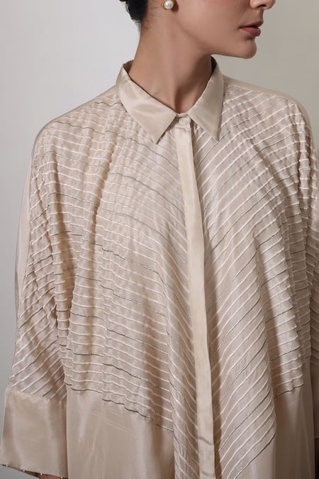 Buy_Chokhi Chorri_Beige Silk Beads Collared High-low Handwoven Shirt Dress _Online_at_Aza_Fashions