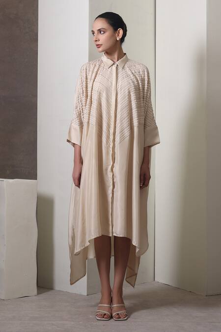 Shop_Chokhi Chorri_Beige Silk Beads Collared High-low Handwoven Shirt Dress _Online_at_Aza_Fashions