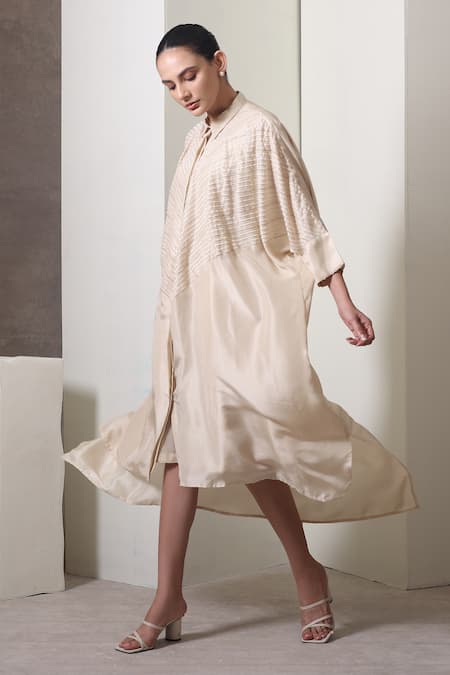 Chokhi Chorri_Beige Silk Beads Collared High-low Handwoven Shirt Dress _at_Aza_Fashions