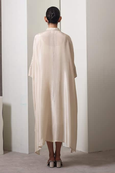 Shop_Chokhi Chorri_Beige Silk Beads Collared High-low Handwoven Shirt Dress _at_Aza_Fashions