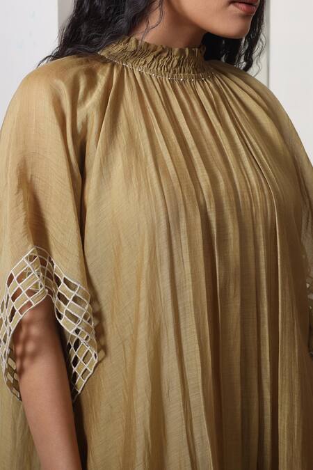 Chokhi Chorri_Mustard Cotton, Silk Cut Work Mandarin Gathered Kurta Set With Kimono Sleeves _Online_at_Aza_Fashions