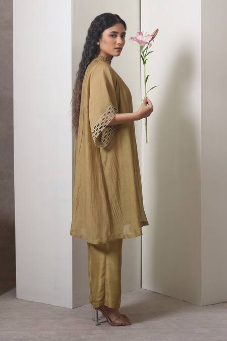 Shop_Chokhi Chorri_Mustard Cotton, Silk Cut Work Mandarin Gathered Kurta Set With Kimono Sleeves _Online_at_Aza_Fashions