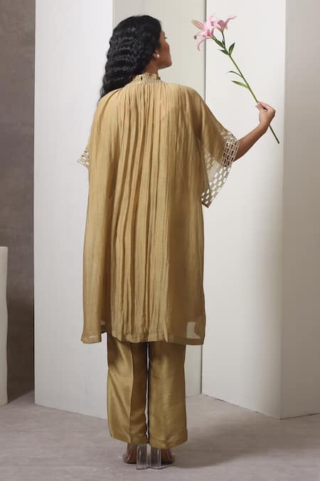 Shop_Chokhi Chorri_Mustard Cotton, Silk Cut Work Mandarin Gathered Kurta Set With Kimono Sleeves _at_Aza_Fashions