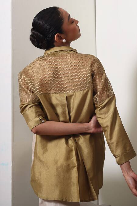 Chokhi Chorri_Mustard Silk, Organza Embroidery Collared Shirt And Off-white Pants Set _Online_at_Aza_Fashions
