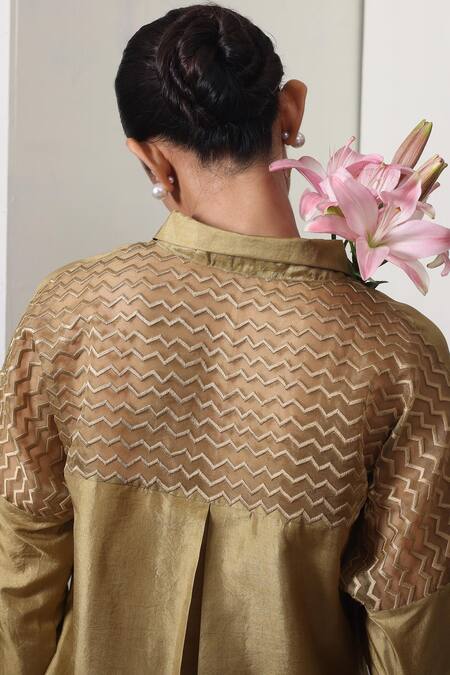 Buy_Chokhi Chorri_Mustard Silk, Organza Embroidery Collared Shirt And Off-white Pants Set _Online_at_Aza_Fashions