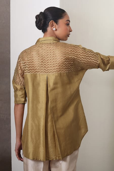 Shop_Chokhi Chorri_Mustard Silk, Organza Embroidery Collared Shirt And Off-white Pants Set _at_Aza_Fashions