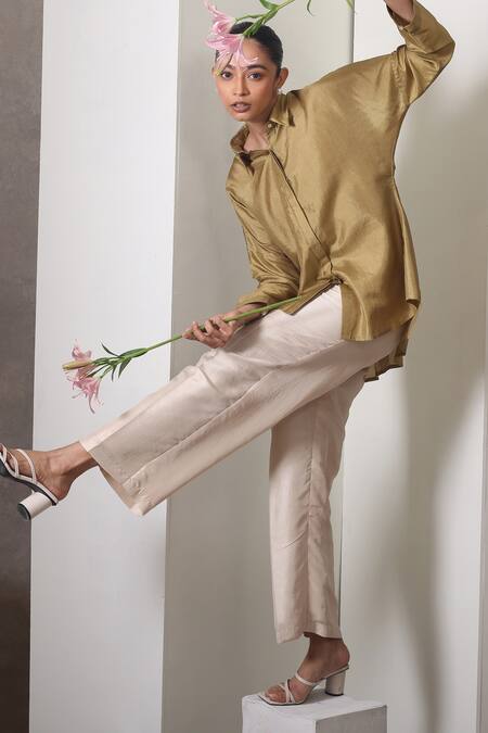 Shop_Chokhi Chorri_Mustard Silk, Organza Embroidery Collared Shirt And Off-white Pants Set _Online_at_Aza_Fashions