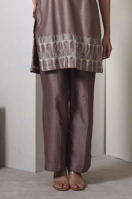 Chokhi Chorri_Taupe Chanderi Silk Embroidery High Neck Sleeveless Kurta And Pants Set _Online_at_Aza_Fashions