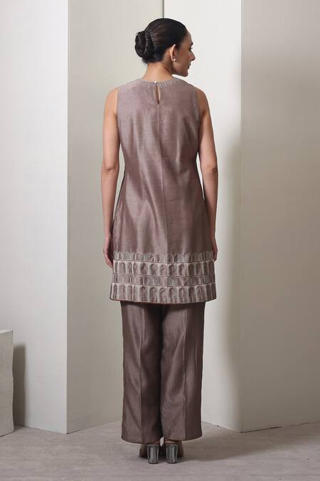 Shop_Chokhi Chorri_Taupe Chanderi Silk Embroidery High Neck Sleeveless Kurta And Pants Set _at_Aza_Fashions