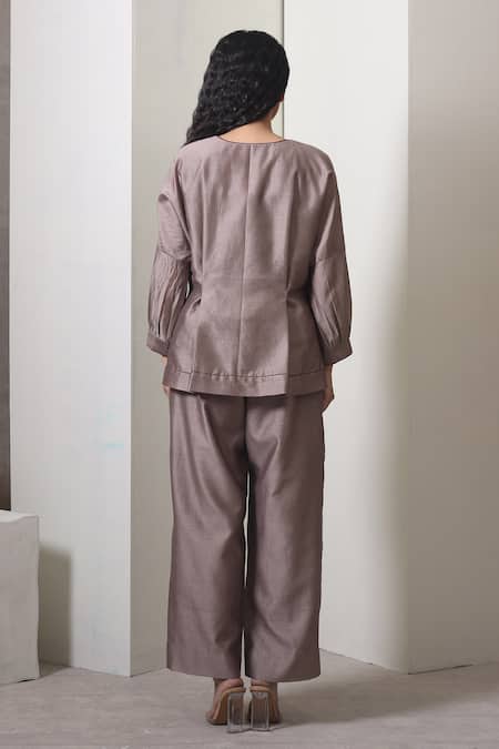 Shop_Chokhi Chorri_Taupe Chanderi Silk Embroidery V-neck Grey Cone Co-ord Set _at_Aza_Fashions