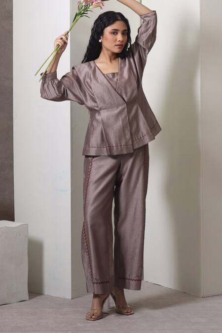 Chokhi Chorri_Taupe Chanderi Silk Embroidery V-neck Grey Cone Co-ord Set _Online_at_Aza_Fashions