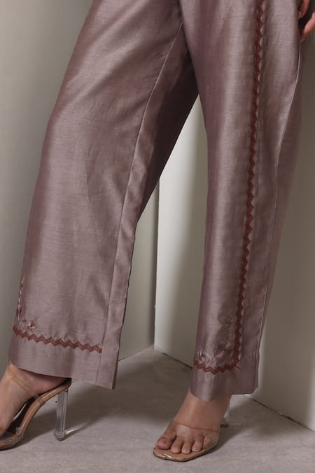 Buy_Chokhi Chorri_Taupe Chanderi Silk Embroidery V-neck Grey Cone Co-ord Set _Online_at_Aza_Fashions
