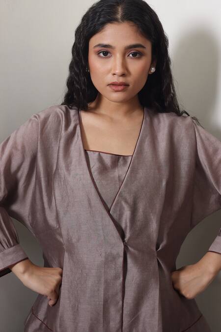 Shop_Chokhi Chorri_Taupe Chanderi Silk Embroidery V-neck Grey Cone Co-ord Set _Online_at_Aza_Fashions