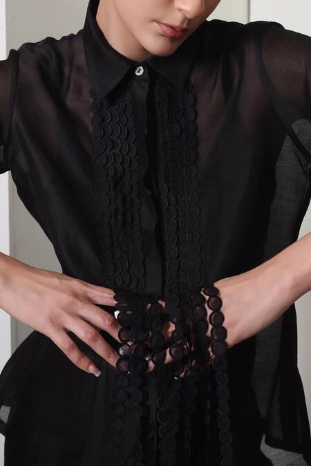 Chokhi Chorri_Black Chanderi Silk Fringe Collared Shirt And Pants Set _Online_at_Aza_Fashions