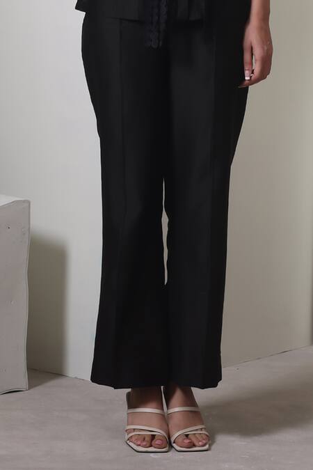Buy_Chokhi Chorri_Black Chanderi Silk Fringe Collared Shirt And Pants Set _Online_at_Aza_Fashions