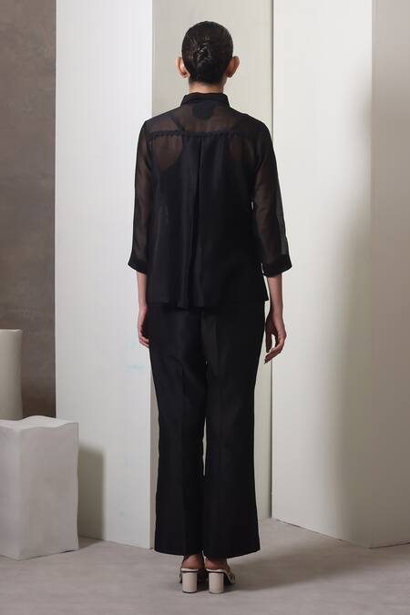 Shop_Chokhi Chorri_Black Chanderi Silk Fringe Collared Shirt And Pants Set _at_Aza_Fashions