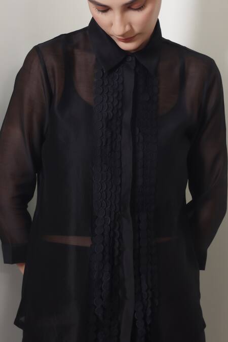 Shop_Chokhi Chorri_Black Chanderi Silk Fringe Collared Shirt And Pants Set _Online_at_Aza_Fashions