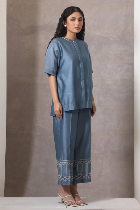 Chokhi Chorri_Blue Chanderi Silk Embroidery Mandarin Collar Co-ord Set _Online_at_Aza_Fashions