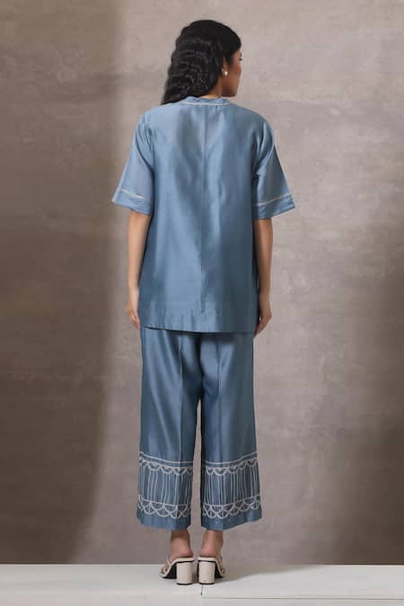 Shop_Chokhi Chorri_Blue Chanderi Silk Embroidery Mandarin Collar Co-ord Set _at_Aza_Fashions