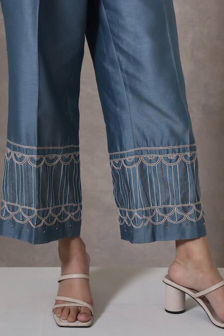 Buy_Chokhi Chorri_Blue Chanderi Silk Embroidery Mandarin Collar Co-ord Set _Online_at_Aza_Fashions