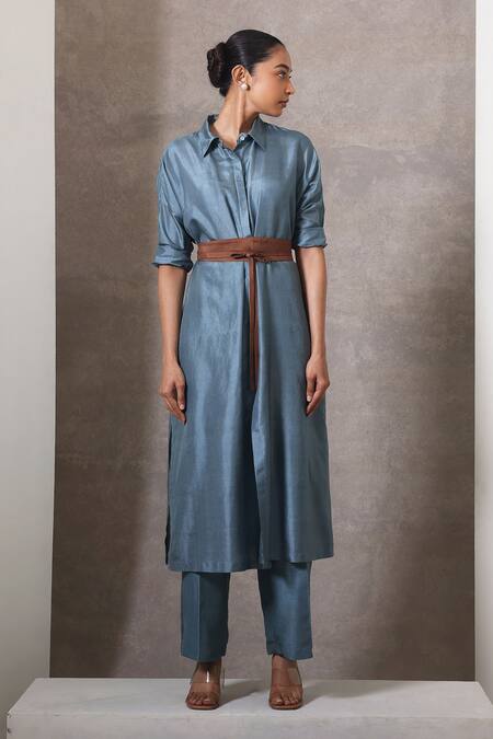 Chokhi Chorri_Blue Silk Collared Dusky Column Shirt Set _Online_at_Aza_Fashions
