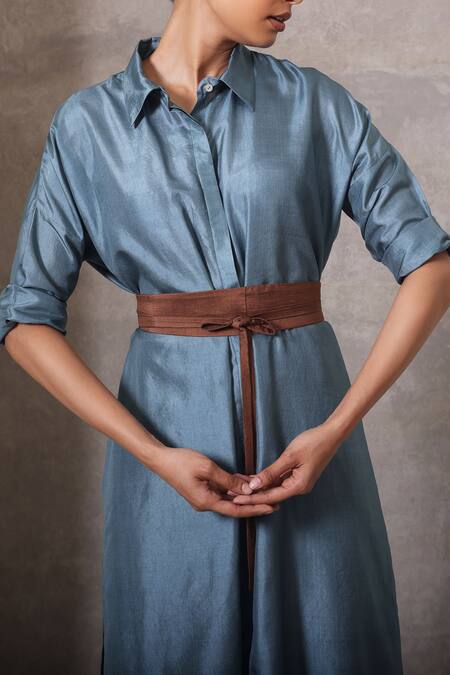 Buy_Chokhi Chorri_Blue Silk Collared Dusky Column Shirt Set _Online_at_Aza_Fashions