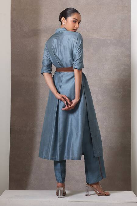 Shop_Chokhi Chorri_Blue Silk Collared Dusky Column Shirt Set _at_Aza_Fashions