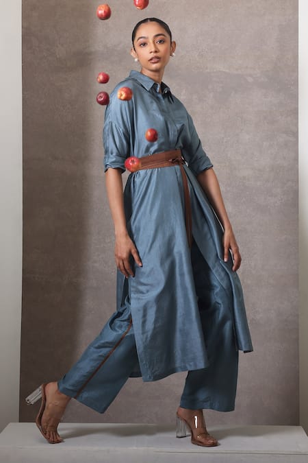 Shop_Chokhi Chorri_Blue Silk Collared Dusky Column Shirt Set _Online_at_Aza_Fashions