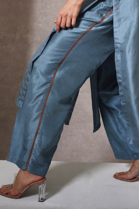 Chokhi Chorri_Blue Silk Collared Dusky Column Shirt Set _at_Aza_Fashions