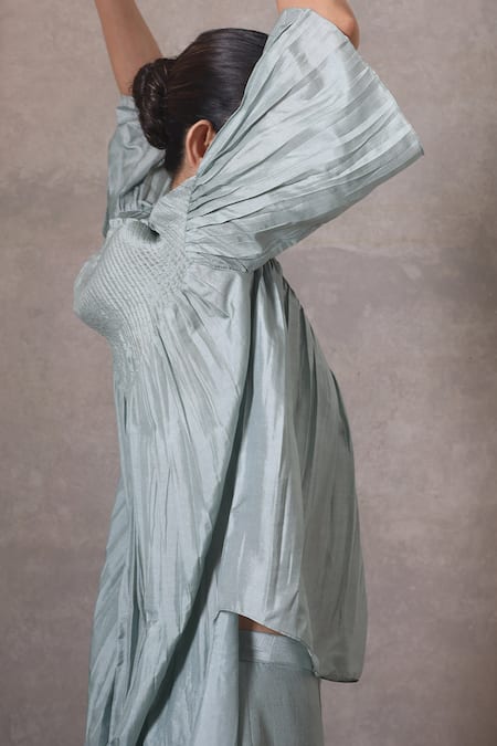 Chokhi Chorri_Blue Silk Round Neck High-low Top And Pleated Pants Set _Online_at_Aza_Fashions