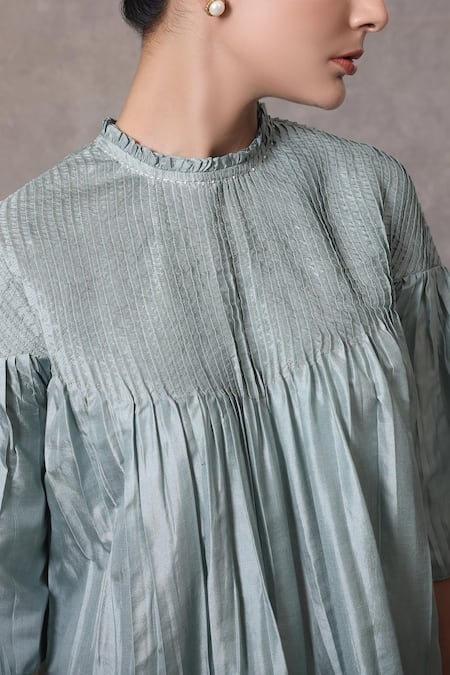 Shop_Chokhi Chorri_Blue Silk Round Neck High-low Top And Pleated Pants Set _Online_at_Aza_Fashions