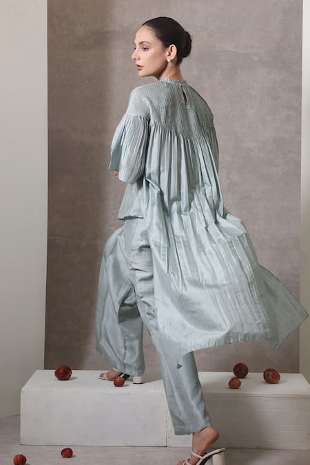 Shop_Chokhi Chorri_Blue Silk Round Neck High-low Top And Pleated Pants Set _at_Aza_Fashions
