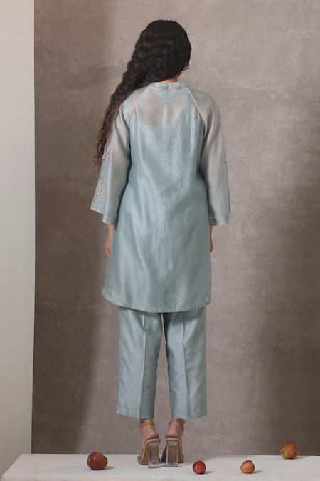 Shop_Chokhi Chorri_Blue Chanderi Silk Embroidery Open Neck Powder Kurta Set _at_Aza_Fashions
