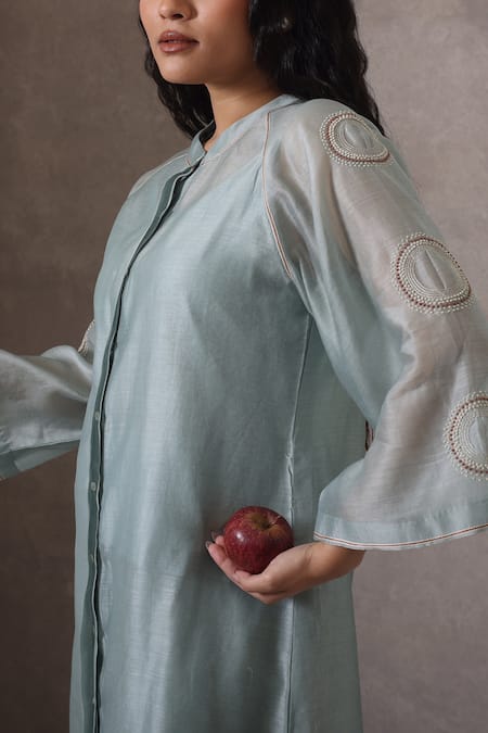 Shop_Chokhi Chorri_Blue Chanderi Silk Embroidery Open Neck Powder Kurta Set _Online_at_Aza_Fashions