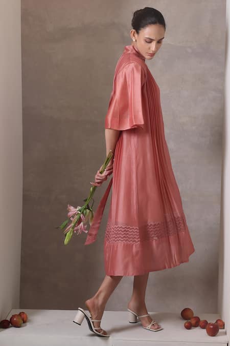 Chokhi Chorri_Rose Gold Chanderi Silk Applique V-neck Pleated Midi Dress _Online_at_Aza_Fashions