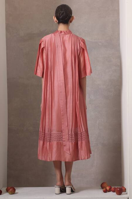 Shop_Chokhi Chorri_Rose Gold Chanderi Silk Applique V-neck Pleated Midi Dress _at_Aza_Fashions