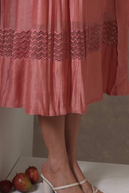 Buy_Chokhi Chorri_Rose Gold Chanderi Silk Applique V-neck Pleated Midi Dress _Online_at_Aza_Fashions