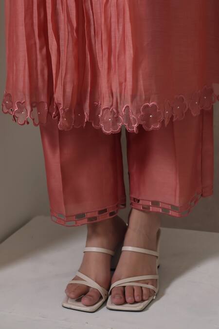 Chokhi Chorri_Pink , Silk Applique, Flared Kurta Set With Embroidered Pants _Online_at_Aza_Fashions