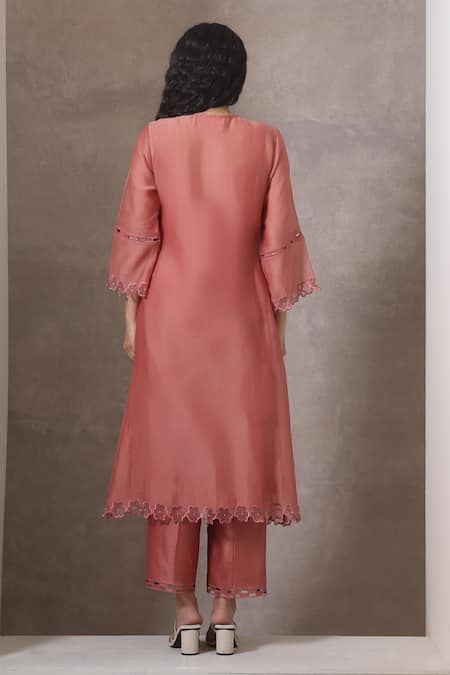 Shop_Chokhi Chorri_Pink , Silk Applique, Flared Kurta Set With Embroidered Pants _at_Aza_Fashions