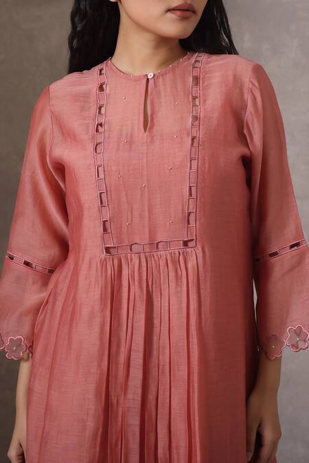 Buy_Chokhi Chorri_Pink , Silk Applique, Flared Kurta Set With Embroidered Pants _Online_at_Aza_Fashions